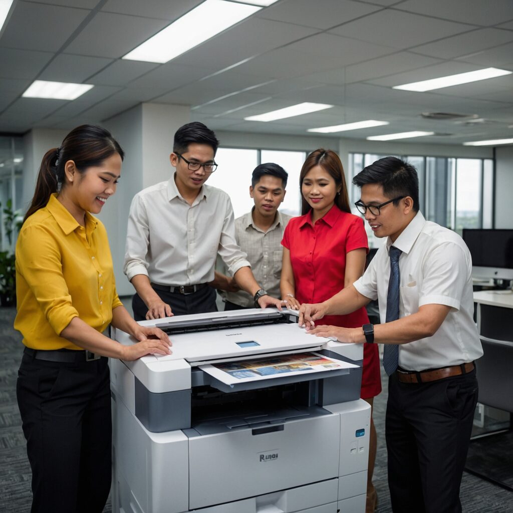 A group of people standing around a printer