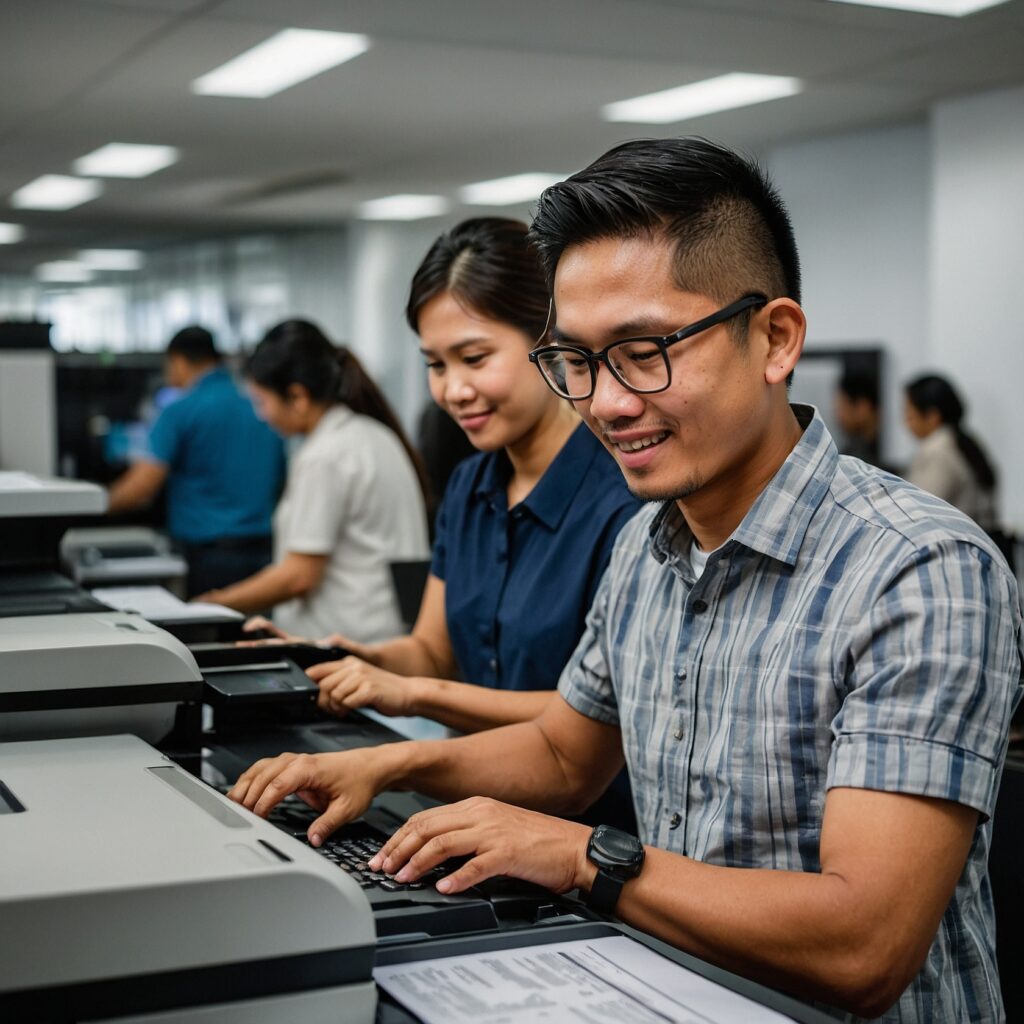 A man and woman working on a printer