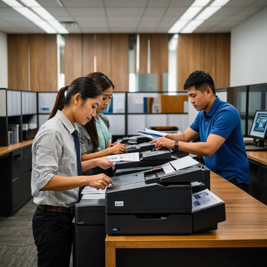 A group of people standing in an office